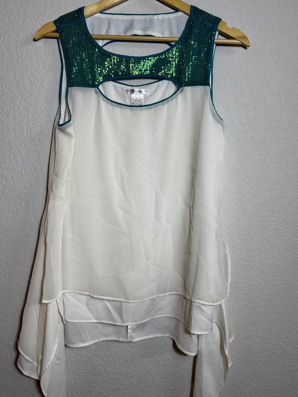 Esley Blouse Womens S Ivory Teal Sequin Handkerchief Hem mermaid festival